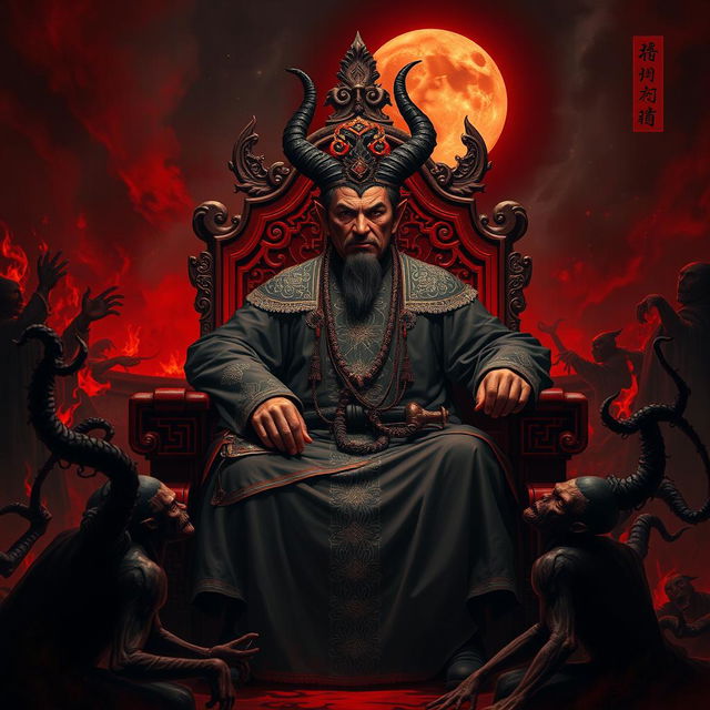 A formidable Chinese Judge of the Devil, seated on an ornate throne in a hellish environment