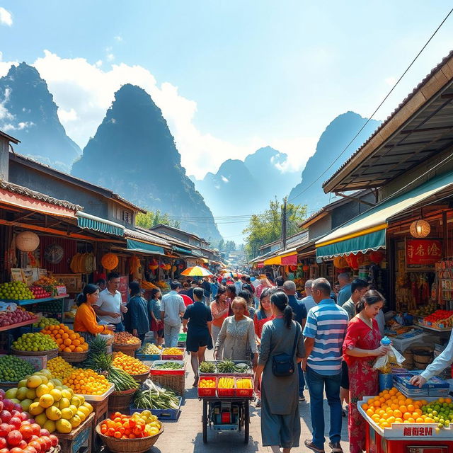 A vivid scene capturing the vibrant atmosphere of a bustling marketplace in Guilin, Guangxi Zhuang