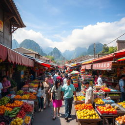 A vivid scene capturing the vibrant atmosphere of a bustling marketplace in Guilin, Guangxi Zhuang
