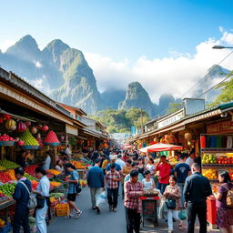 A vivid scene capturing the vibrant atmosphere of a bustling marketplace in Guilin, Guangxi Zhuang