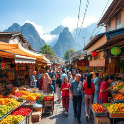 A vivid scene capturing the vibrant atmosphere of a bustling marketplace in Guilin, Guangxi Zhuang