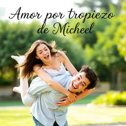 A young woman falls playfully onto a young man in a charming outdoor scene, both with surprised yet joyful expressions