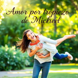 A young woman falls playfully onto a young man in a charming outdoor scene, both with surprised yet joyful expressions
