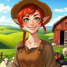 A full-body portrait of a half-elf female farmer with striking red hair and vibrant green eyes