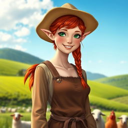 A full-body portrait of a half-elf female farmer with striking red hair and vibrant green eyes