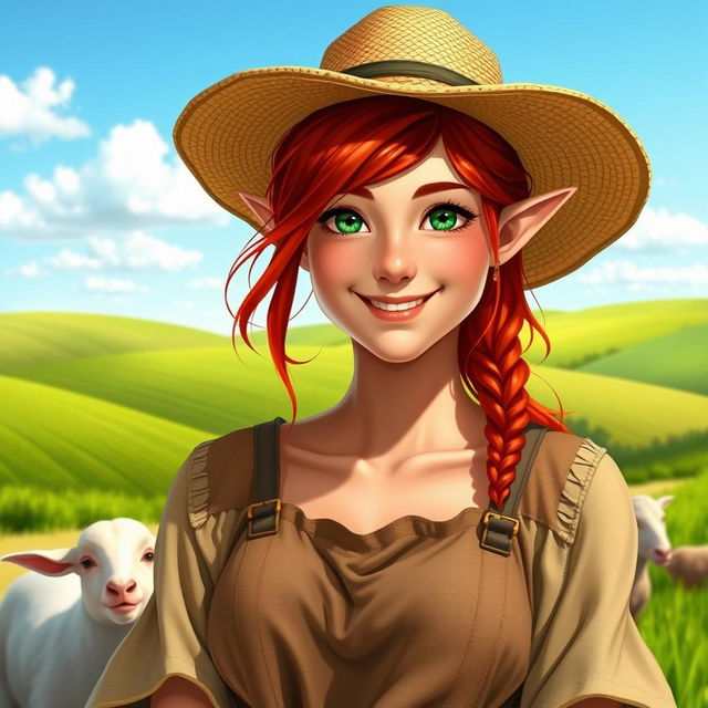 A full-body portrait of a half-elf female farmer with striking red hair and vibrant green eyes