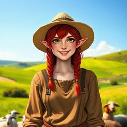 A full-body portrait of a half-elf female farmer with striking red hair and vibrant green eyes