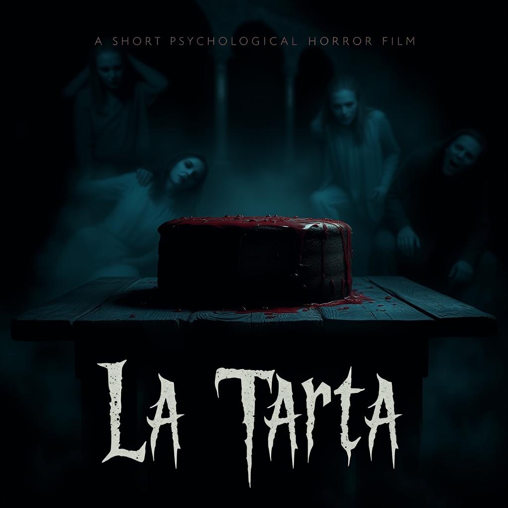 A chilling and enigmatic poster for a short psychological horror film titled 'La Tarta'