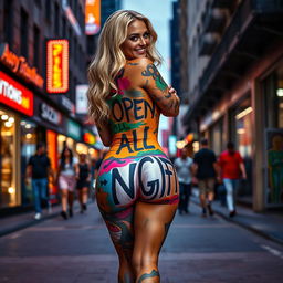 In a vibrant urban setting, a beautiful curvy woman with thick shapely legs and a tight butt confidently walks down a busy city street, her body completely adorned with bold multi-colored body paint that resembles striking street graffiti