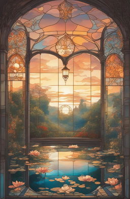 A high-definition, cinematic photograph of a Rococo-style stained glass greenhouse taken during the golden hour