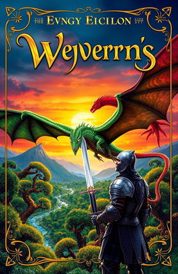 An epic fantasy book cover featuring a dramatic scene with majestic wyverns soaring through a vibrant sunset sky