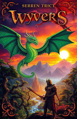 An epic fantasy book cover featuring a dramatic scene with majestic wyverns soaring through a vibrant sunset sky