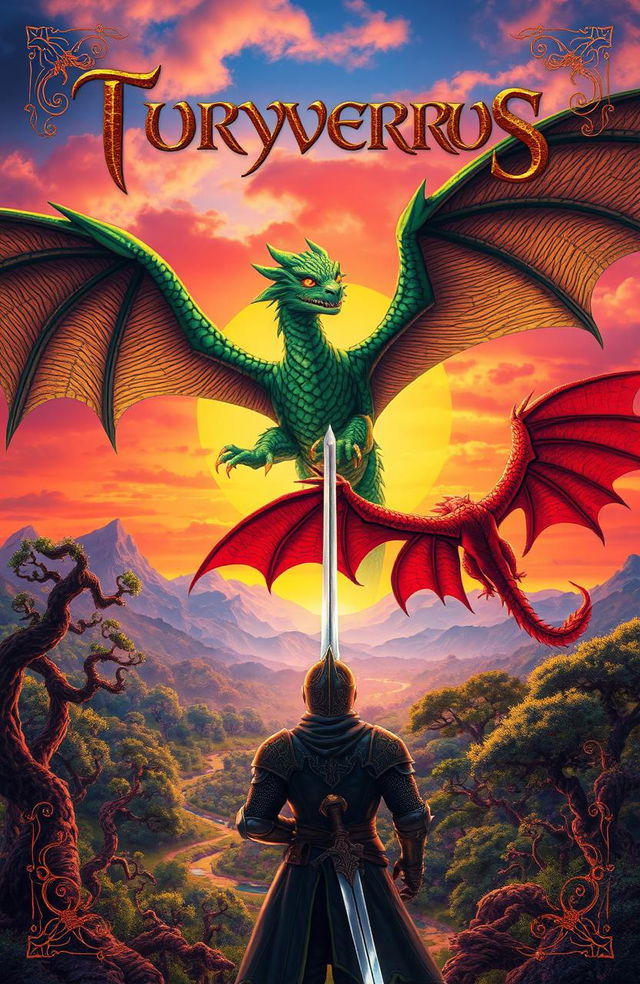 An epic fantasy book cover featuring a dramatic scene with majestic wyverns soaring through a vibrant sunset sky