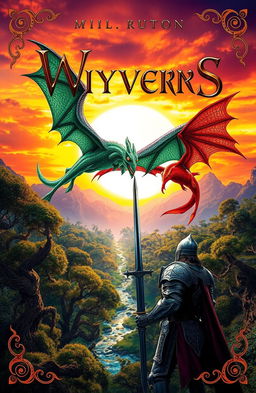 An epic fantasy book cover featuring a dramatic scene with majestic wyverns soaring through a vibrant sunset sky