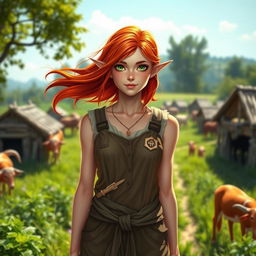 A full-body portrait of a female half-elf farmer with vibrant, flowing red hair and striking green eyes