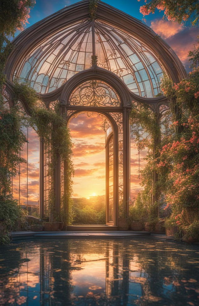 A high-definition, cinematic photograph of a Rococo-style stained glass greenhouse taken during the golden hour