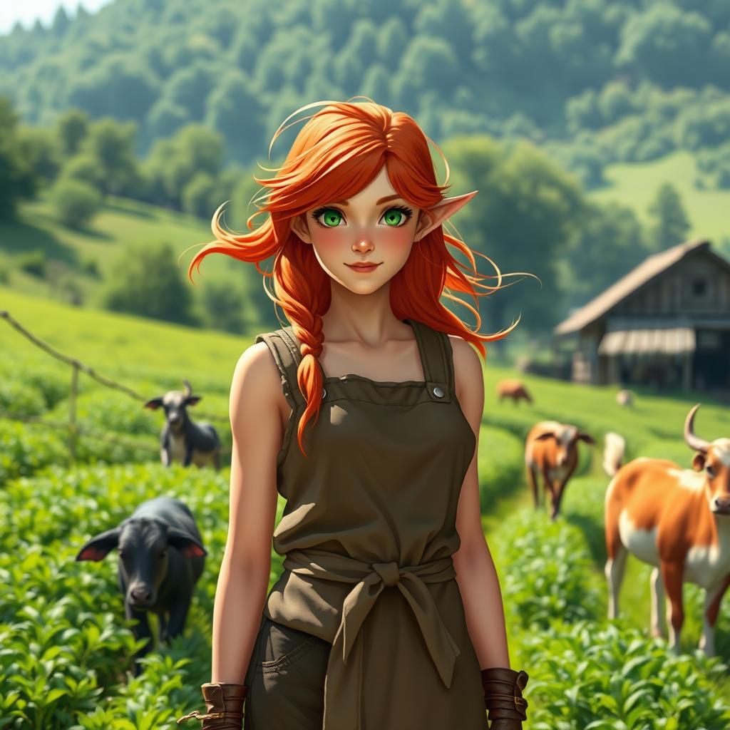 A full-body portrait of a female half-elf farmer with vibrant, flowing red hair and striking green eyes