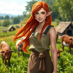 A full-body portrait of a female half-elf farmer with vibrant, flowing red hair and striking green eyes
