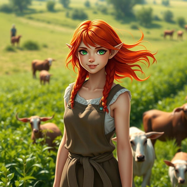 A full-body portrait of a female half-elf farmer with vibrant, flowing red hair and striking green eyes