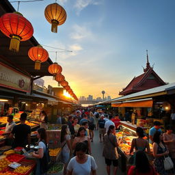 A vibrant and bustling marketplace at Asiatic in Bangkok, filled with colorful stalls selling various goods such as fresh fruits, handcrafted items, and traditional Thai food