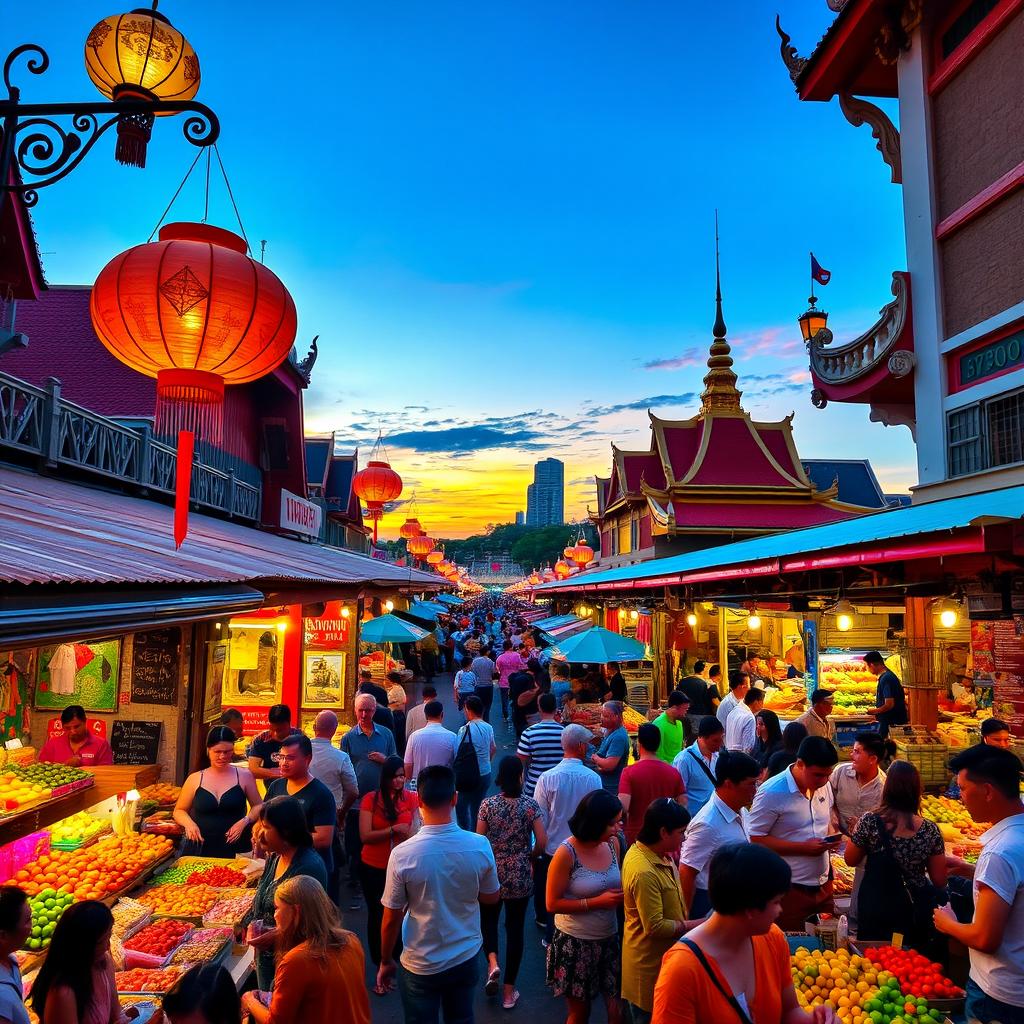 A vibrant and bustling marketplace at Asiatic in Bangkok, filled with colorful stalls selling various goods such as fresh fruits, handcrafted items, and traditional Thai food