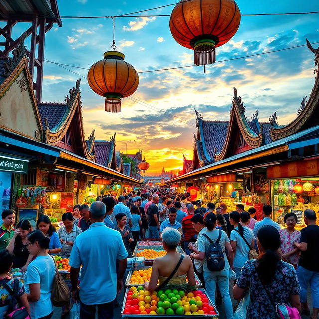 A vibrant and bustling marketplace at Asiatic in Bangkok, filled with colorful stalls selling various goods such as fresh fruits, handcrafted items, and traditional Thai food