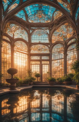 A high-definition, cinematic photograph of a Rococo-style stained glass greenhouse taken during the golden hour