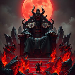 A powerful Chinese Judge of the Devil presiding over a desolate hellscape, seated on an intricately designed throne that radiates authority