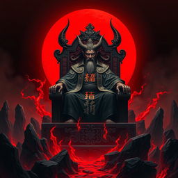A powerful Chinese Judge of the Devil presiding over a desolate hellscape, seated on an intricately designed throne that radiates authority