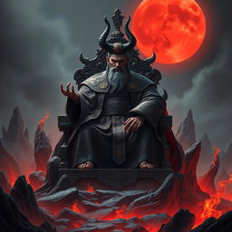 A powerful Chinese Judge of the Devil presiding over a desolate hellscape, seated on an intricately designed throne that radiates authority