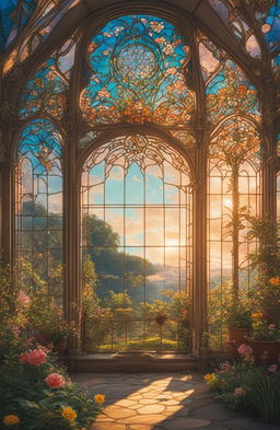 A high-definition, cinematic photograph of a Rococo-style stained glass greenhouse taken during the golden hour