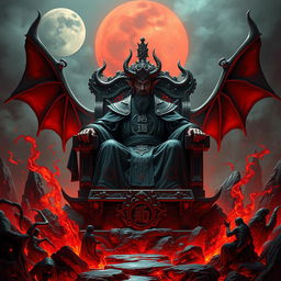 A powerful Chinese Judge of the Devil presiding over a desolate hellscape, seated on an intricately designed throne that radiates authority