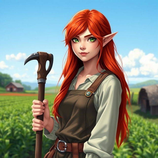 A full-body portrait of a half-elf female farmer, characterized by her striking red hair cascading down her shoulders