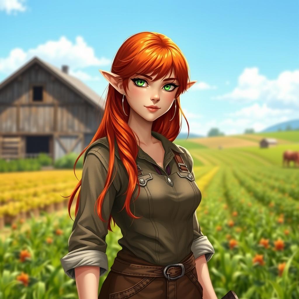 A full-body portrait of a half-elf female farmer, characterized by her striking red hair cascading down her shoulders