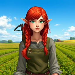 A full-body portrait of a half-elf female farmer, characterized by her striking red hair cascading down her shoulders