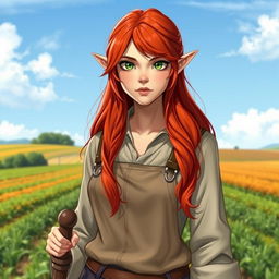 A full-body portrait of a half-elf female farmer, characterized by her striking red hair cascading down her shoulders