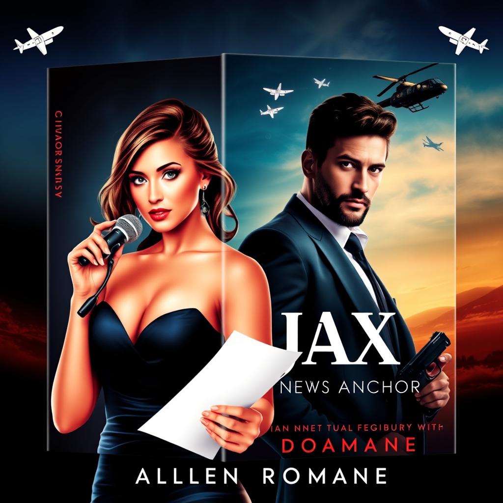 An alluring book cover design showcasing the love story between a beautiful and attractive news anchor, renowned for her crime news reporting, and Jax, a cruel yet dashing mafia leader whose misdeeds she seeks to expose