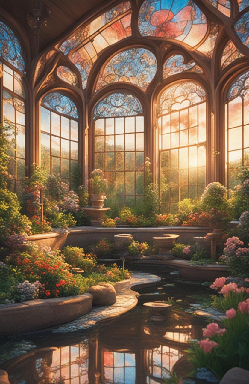 A high-definition, cinematic photograph of a Rococo-style stained glass greenhouse amidst a terraced garden in bloom