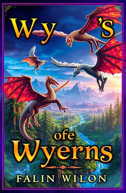 A fantasy book cover featuring majestic wyverns soaring over a mystical landscape