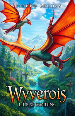 A fantasy book cover featuring majestic wyverns soaring over a mystical landscape
