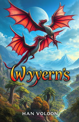 A fantasy book cover featuring majestic wyverns soaring over a mystical landscape