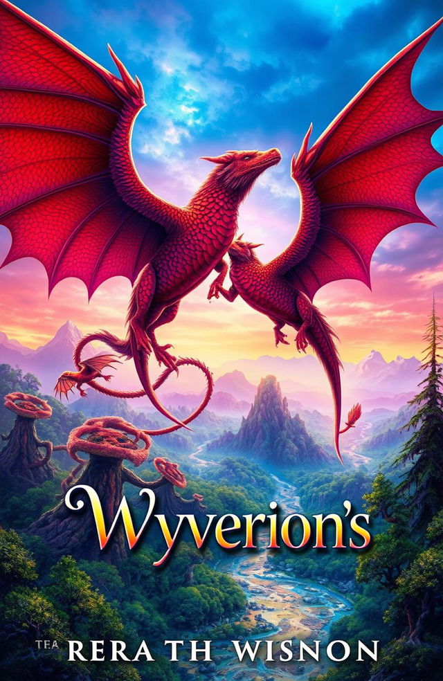 A fantasy book cover featuring majestic wyverns soaring over a mystical landscape