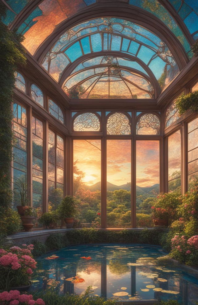 A high-definition, cinematic photograph of a Rococo-style stained glass greenhouse amidst a terraced garden in bloom