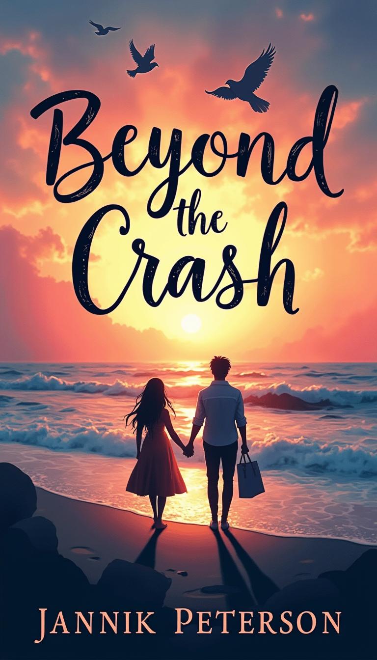 A romantic and slightly haunting book cover design for 'Beyond the Crash,' featuring a serene yet mysterious ocean scene indicative of tragedy and love