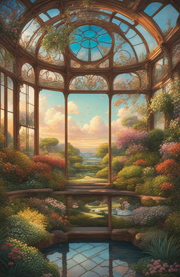 A high-definition, cinematic photograph of a Rococo-style stained glass greenhouse amidst a terraced garden in bloom