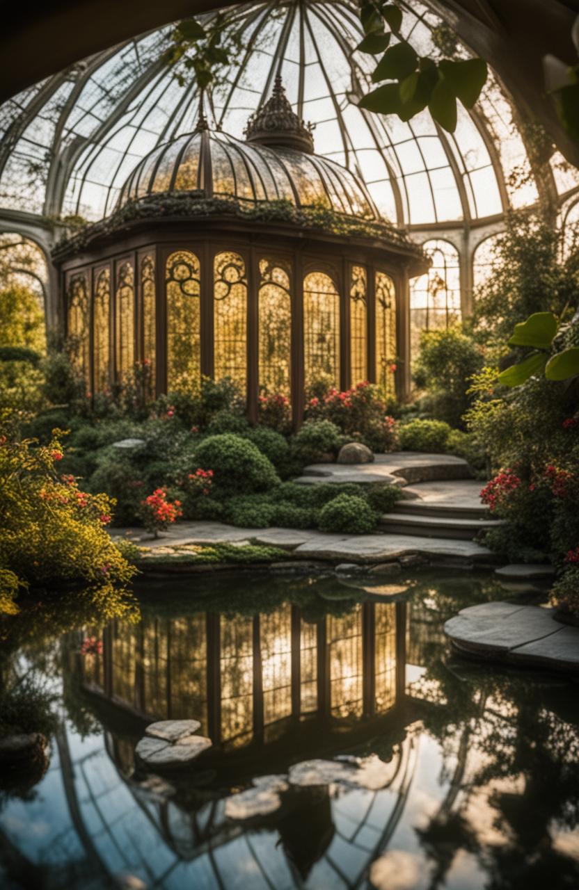 A detailed, in-focus, HD photograph of a rococo-style botanical conservatory with stained glass floral designs