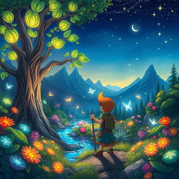A whimsical scene in an enchanted forest filled with vibrant, glowing plants and fantastical creatures