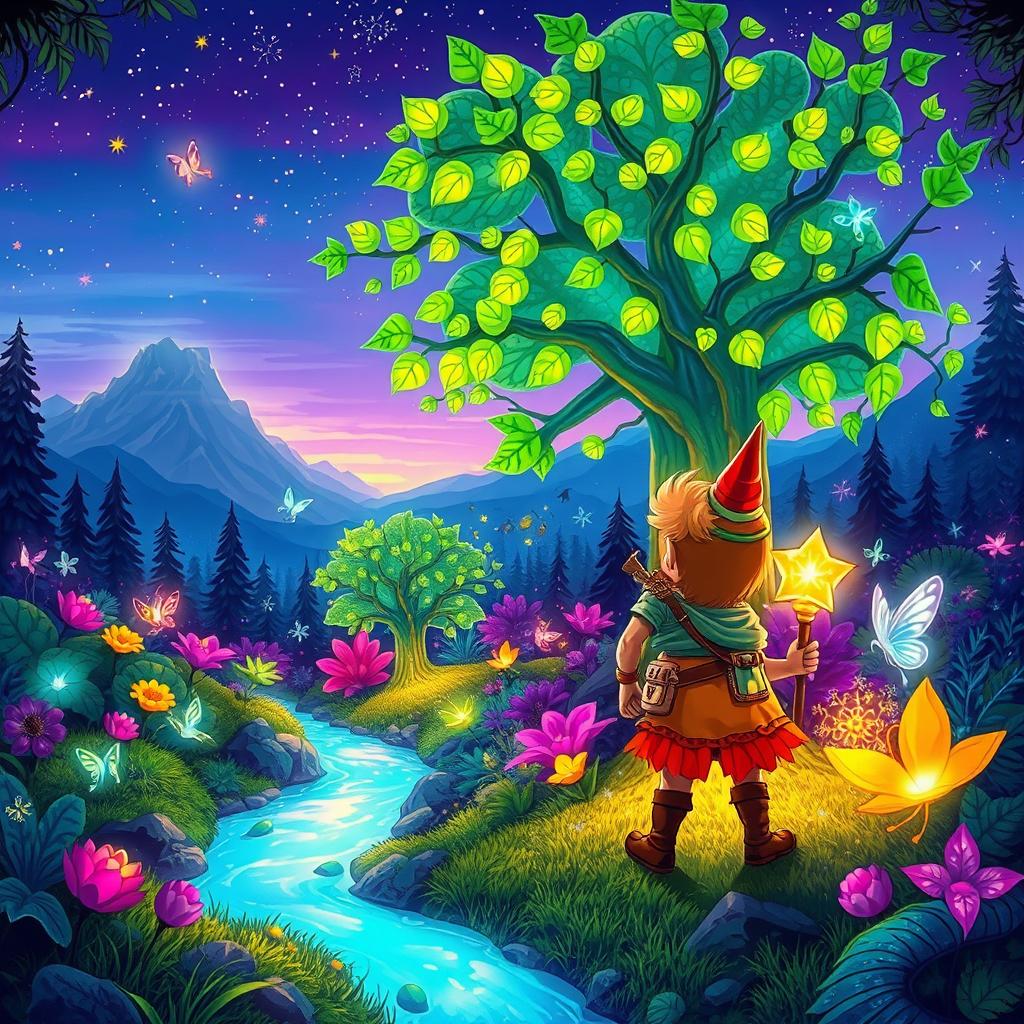 A whimsical scene in an enchanted forest filled with vibrant, glowing plants and fantastical creatures