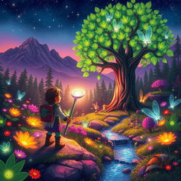 A whimsical scene in an enchanted forest filled with vibrant, glowing plants and fantastical creatures