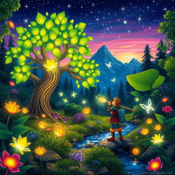 A whimsical scene in an enchanted forest filled with vibrant, glowing plants and fantastical creatures